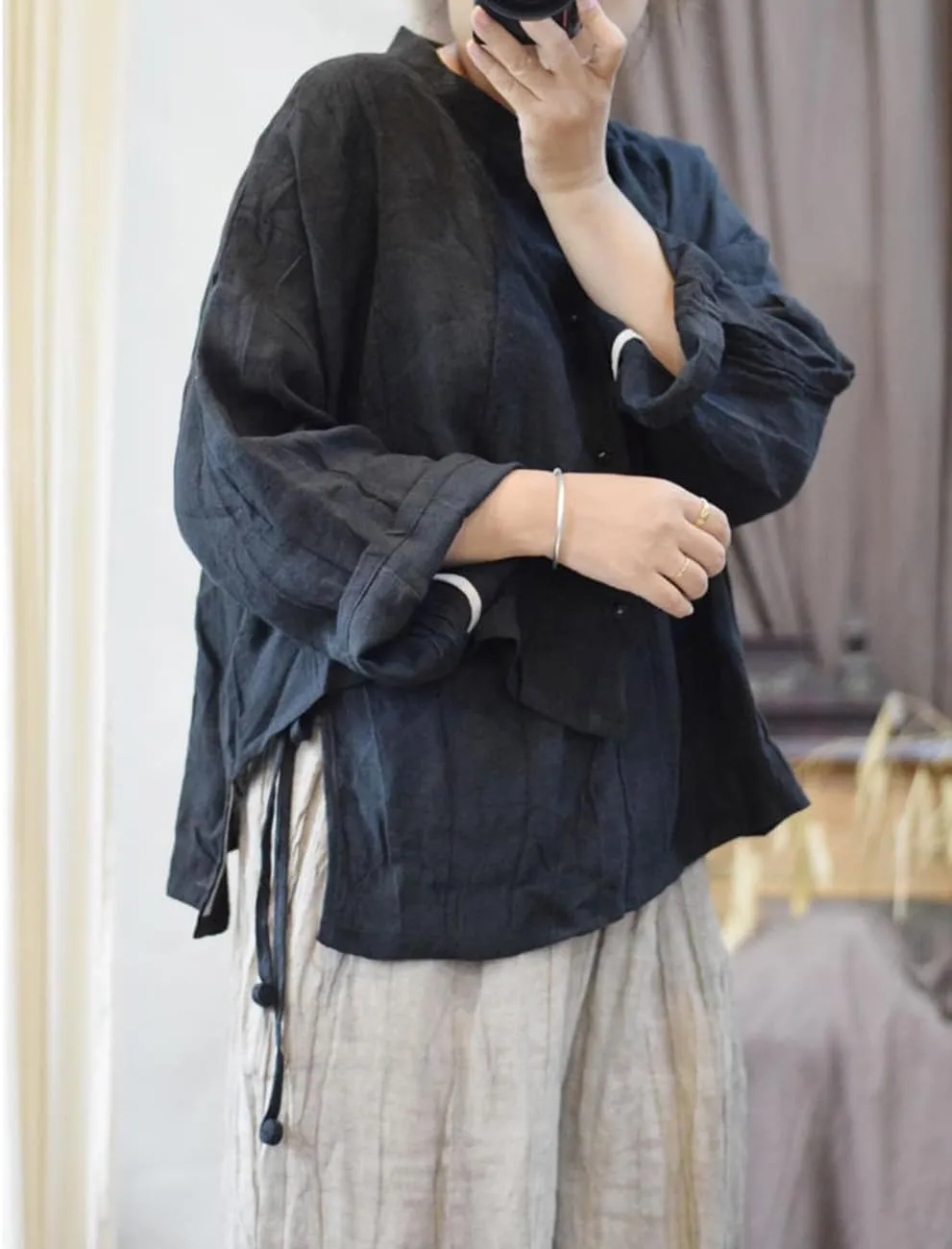 NFYM Women's Linen Asymmetrical Shirt Top Irregular Hem Tie Retro Stand Collar Button Blouse Shirts