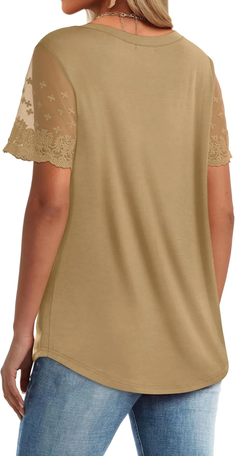 OFEEFAN Casual V Neck T Shirts for Women Lace Short Sleeve Curved Hem Tops Loose Fit