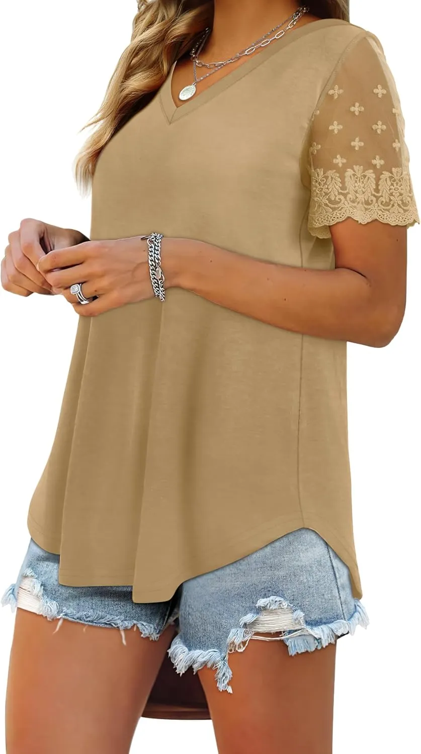 OFEEFAN Casual V Neck T Shirts for Women Lace Short Sleeve Curved Hem Tops Loose Fit