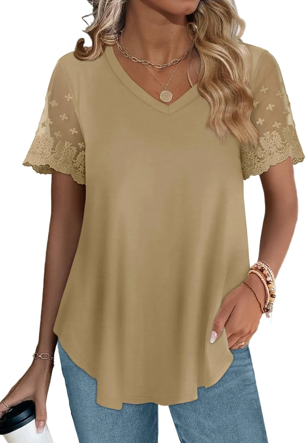 OFEEFAN Casual V Neck T Shirts for Women Lace Short Sleeve Curved Hem Tops Loose Fit