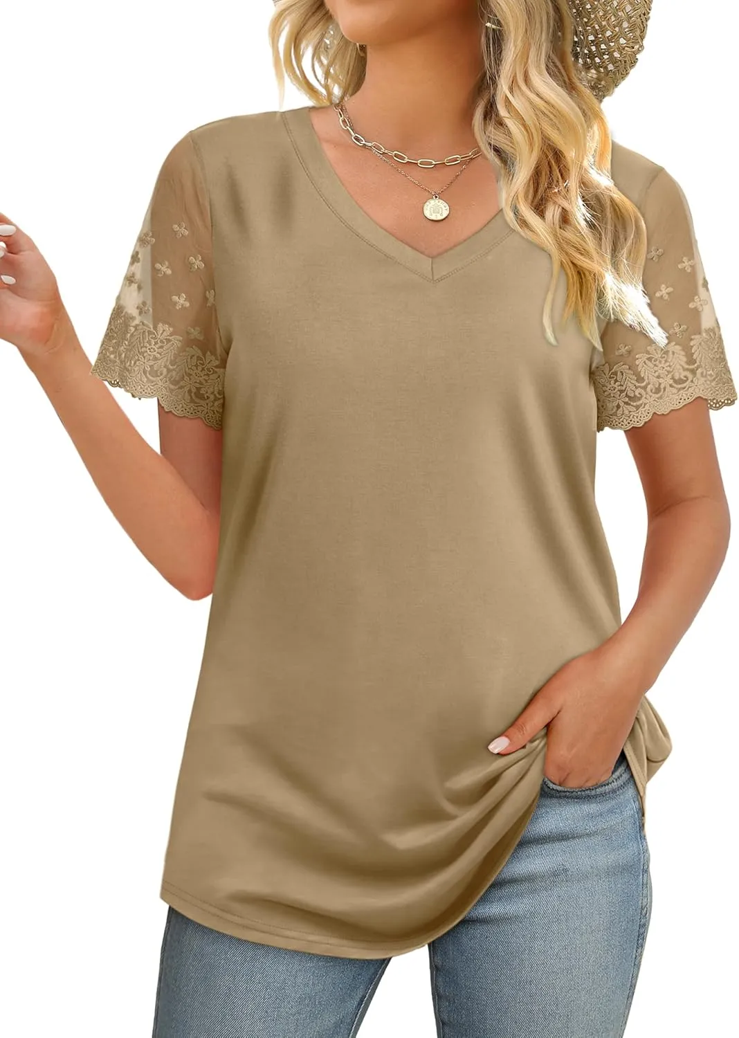 OFEEFAN Casual V Neck T Shirts for Women Lace Short Sleeve Curved Hem Tops Loose Fit