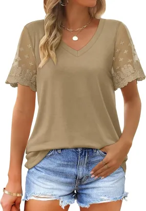 OFEEFAN Casual V Neck T Shirts for Women Lace Short Sleeve Curved Hem Tops Loose Fit