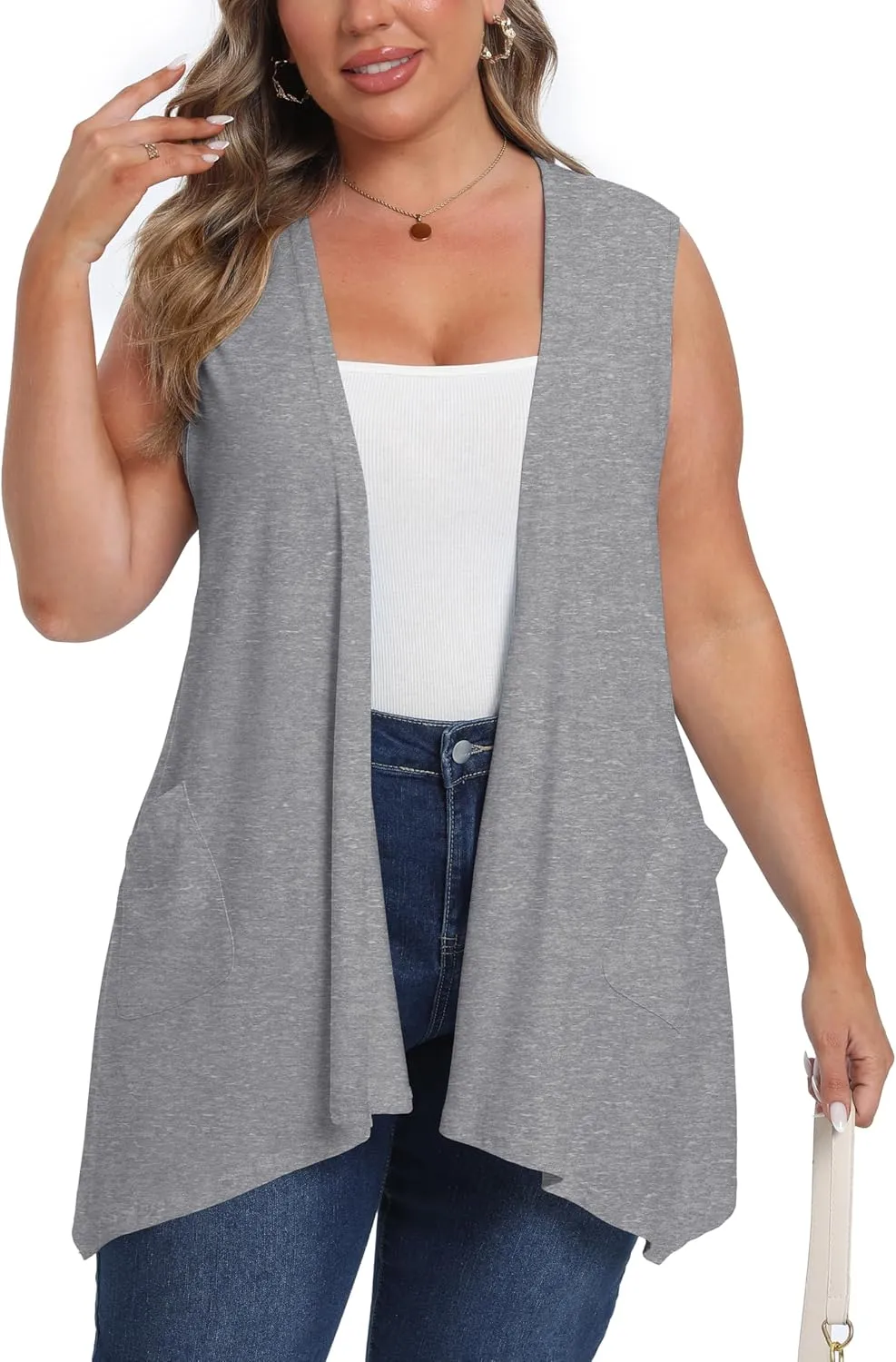 OLRIK Lightweight Plus Size Cardigan with Pocket Sleeveless Cardigans for Women Summer