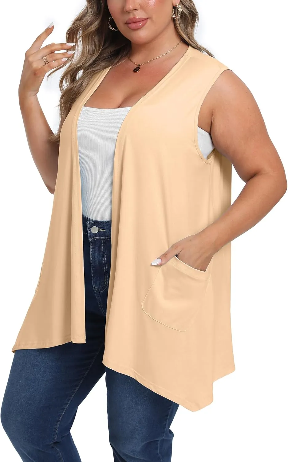 OLRIK Lightweight Plus Size Cardigan with Pocket Sleeveless Cardigans for Women Summer