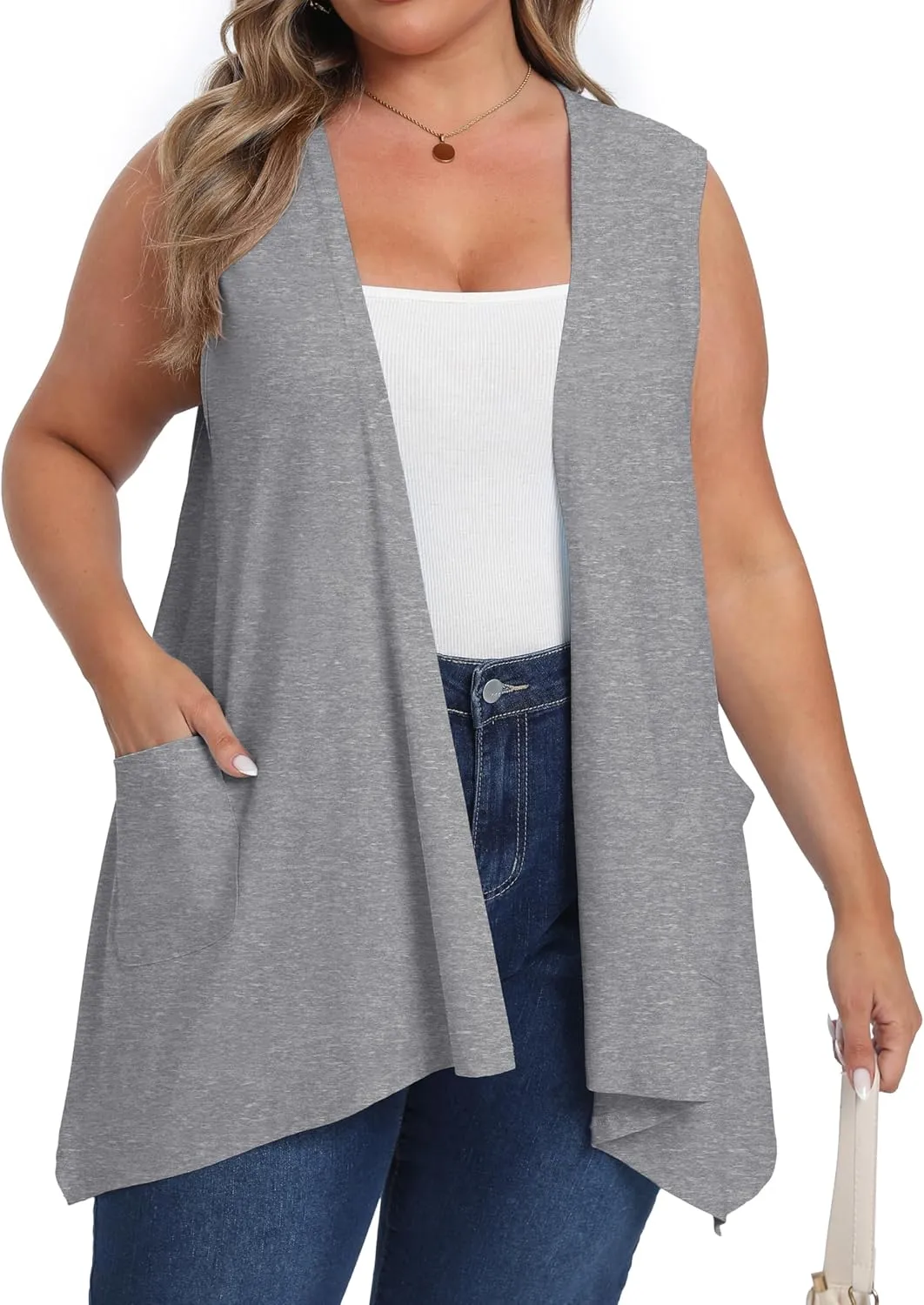 OLRIK Lightweight Plus Size Cardigan with Pocket Sleeveless Cardigans for Women Summer