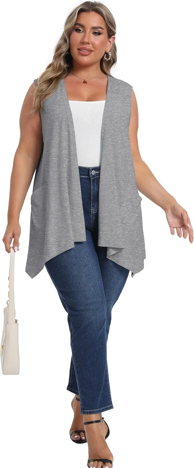 OLRIK Lightweight Plus Size Cardigan with Pocket Sleeveless Cardigans for Women Summer