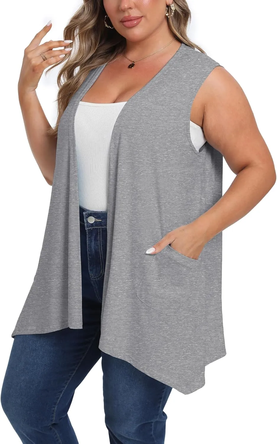 OLRIK Lightweight Plus Size Cardigan with Pocket Sleeveless Cardigans for Women Summer