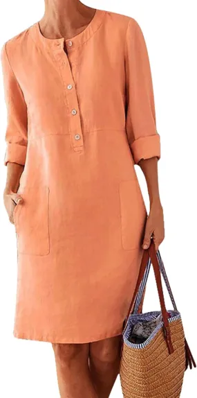 OMZIN Womens Autumn Long Sleeve Dresse Button Down Vintage Cotton Linen Dresses with Pockets