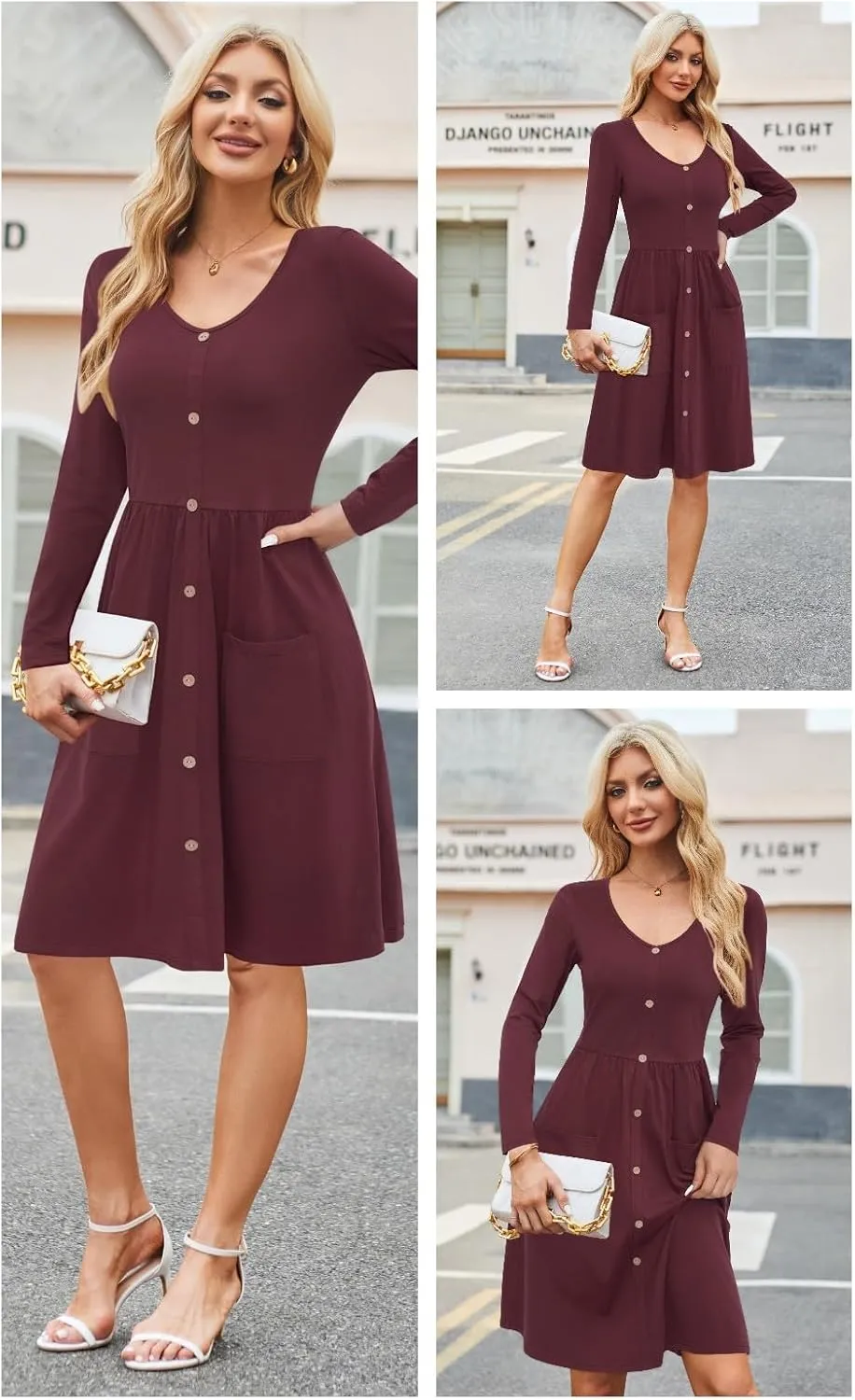 OUGES Women's V Neck Button Down Skater Dress with Pockets