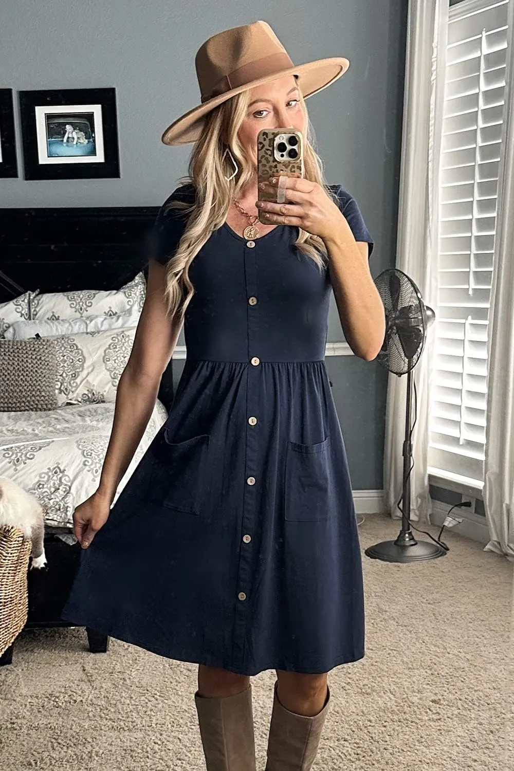 OUGES Women's V Neck Button Down Skater Dress with Pockets
