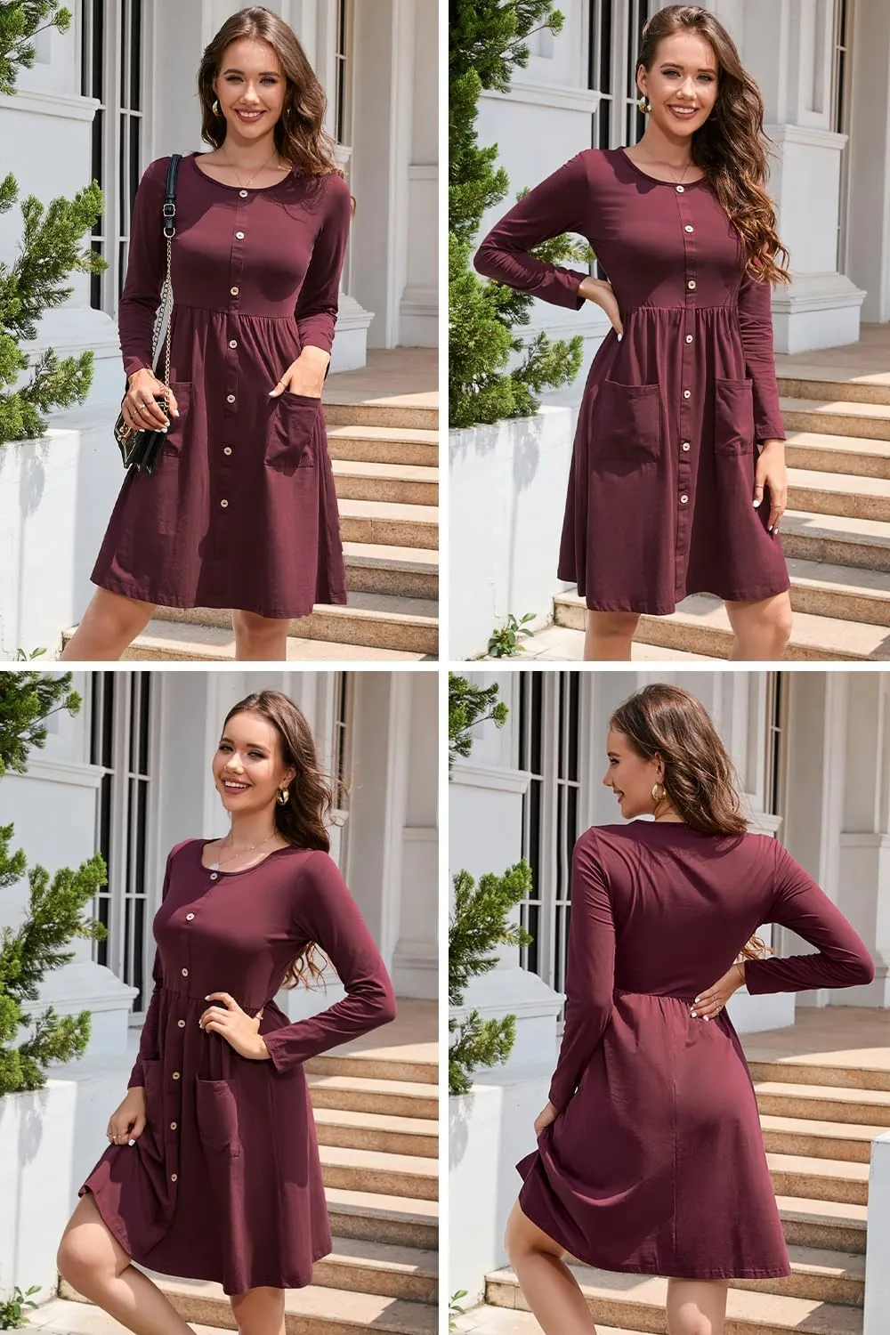 OUGES Women's V Neck Button Down Skater Dress with Pockets