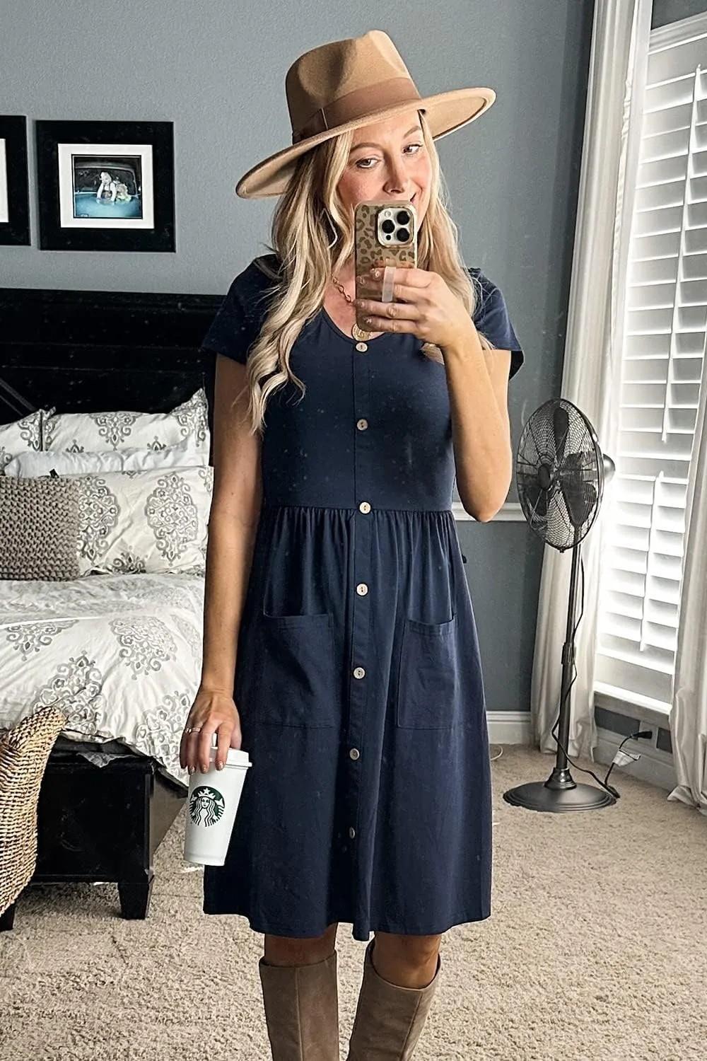 OUGES Women's V Neck Button Down Skater Dress with Pockets