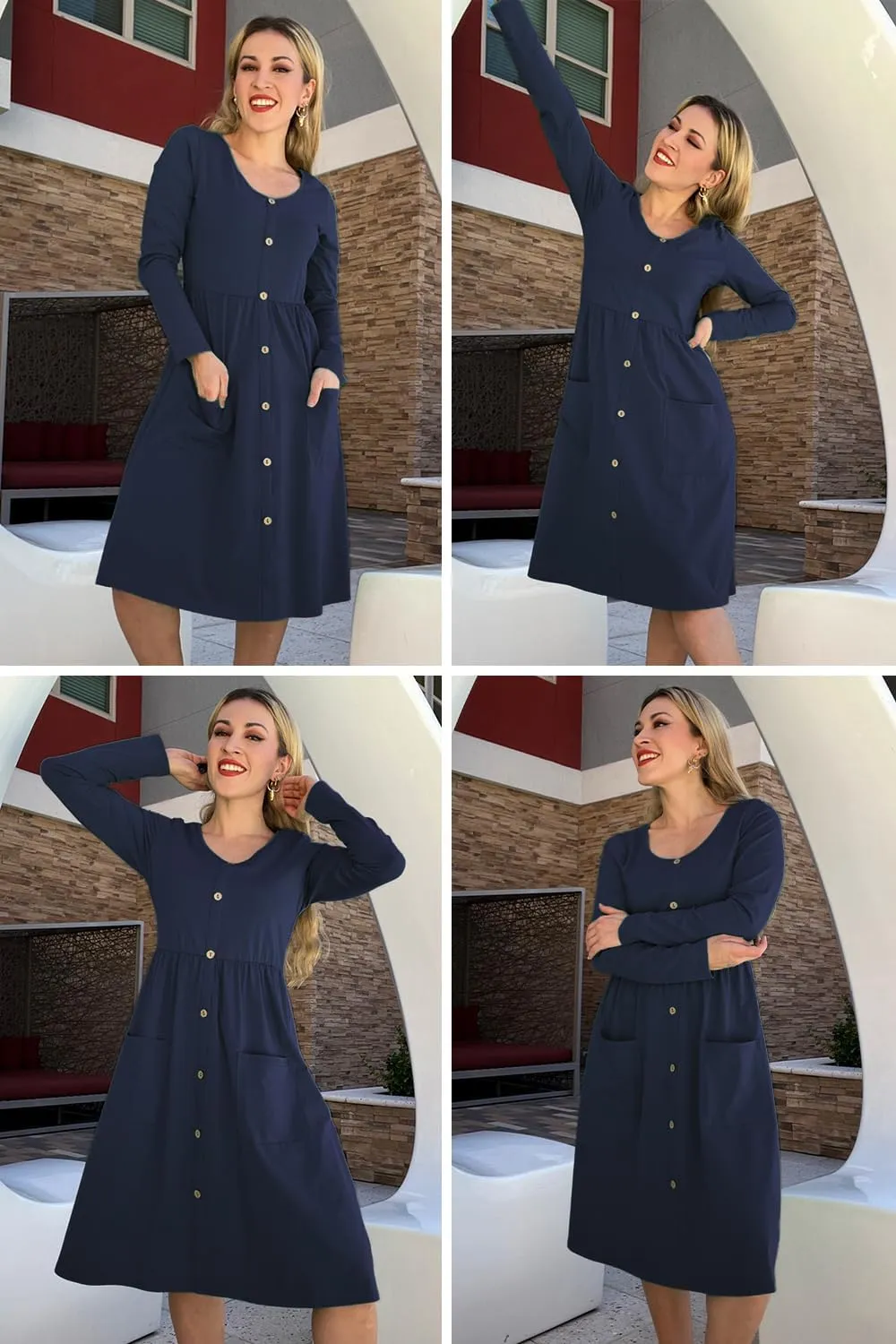 OUGES Women's V Neck Button Down Skater Dress with Pockets