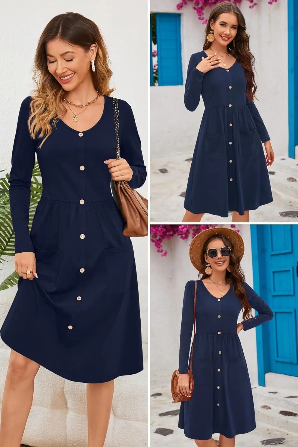 OUGES Women's V Neck Button Down Skater Dress with Pockets