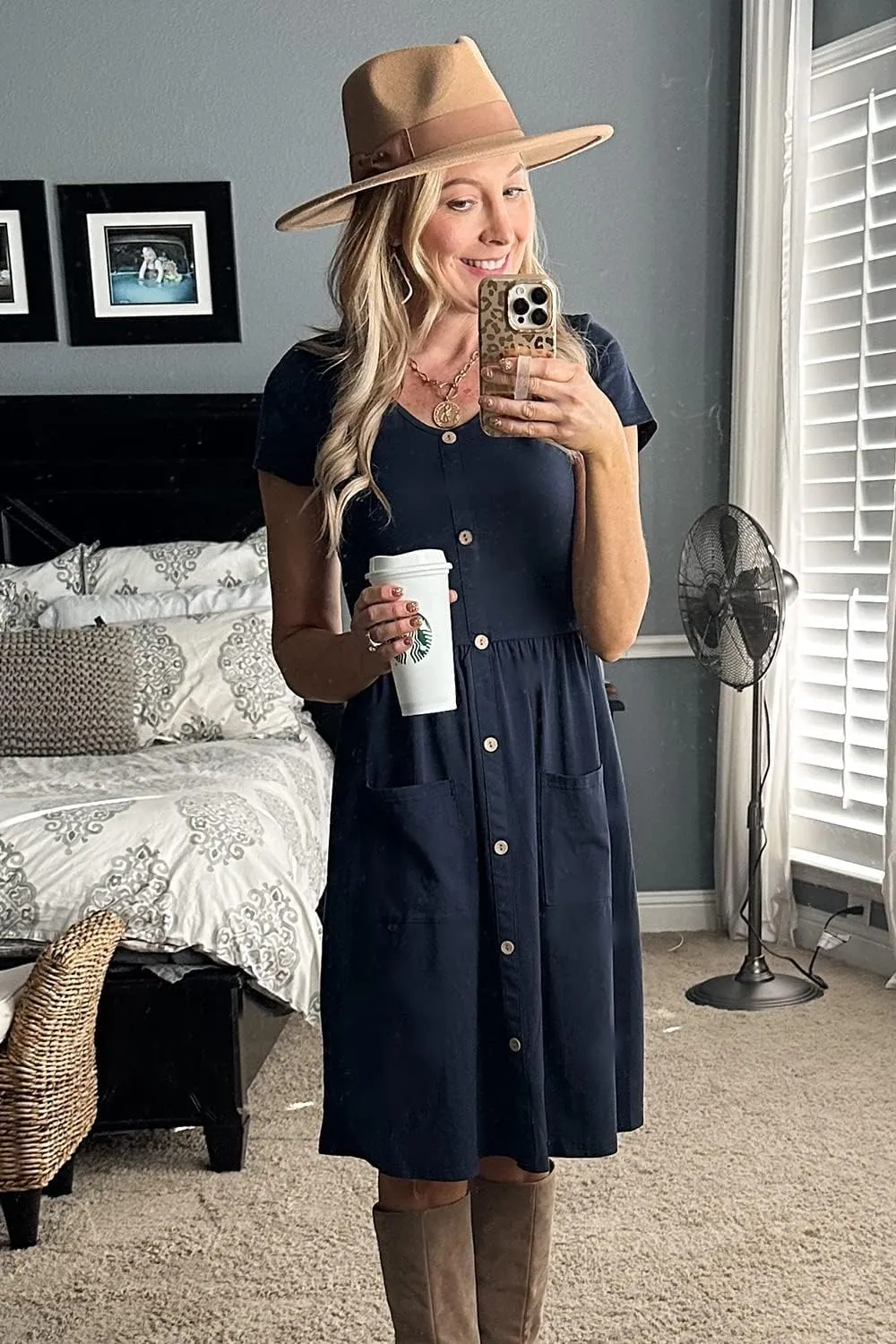 OUGES Women's V Neck Button Down Skater Dress with Pockets