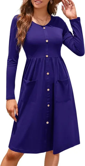 OUGES Women's V Neck Button Down Skater Dress with Pockets