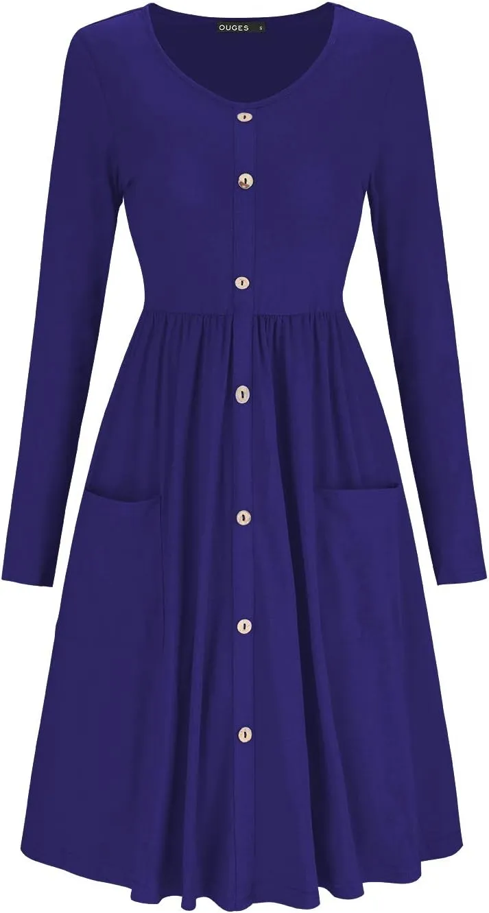 OUGES Women's V Neck Button Down Skater Dress with Pockets