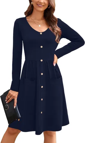 OUGES Women's V Neck Button Down Skater Dress with Pockets