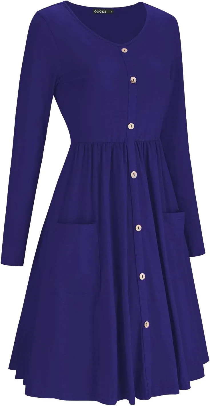 OUGES Women's V Neck Button Down Skater Dress with Pockets