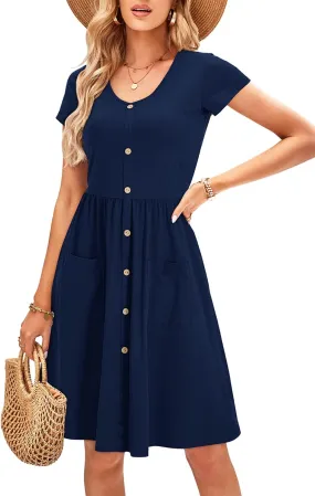OUGES Women's V Neck Button Down Skater Dress with Pockets