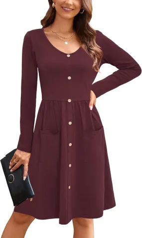 OUGES Women's V Neck Button Down Skater Dress with Pockets