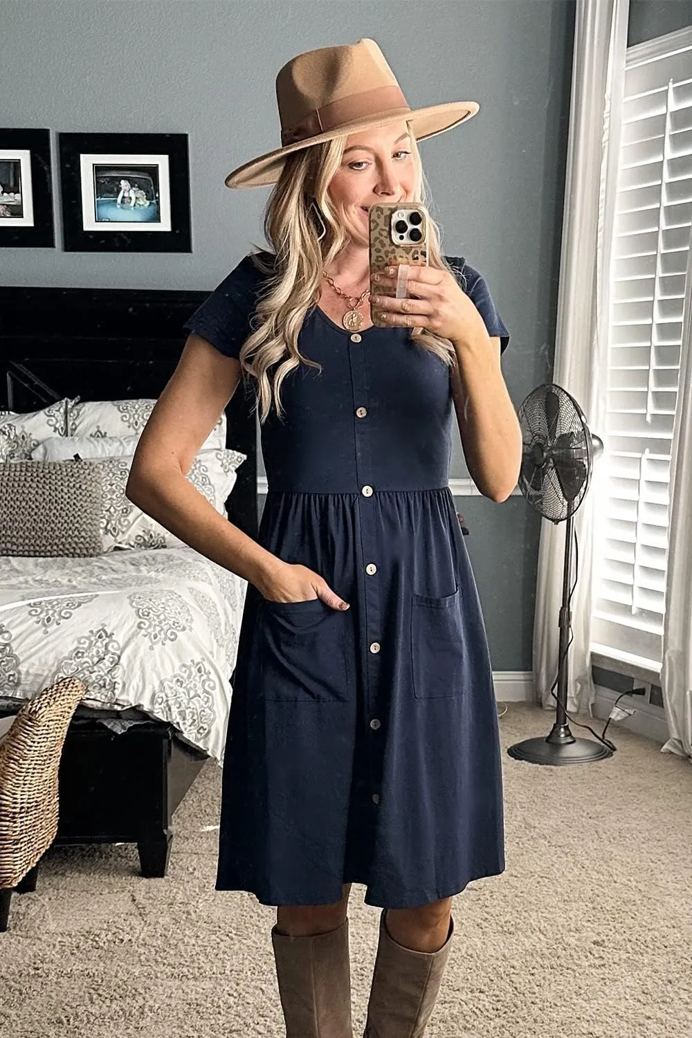 OUGES Women's V Neck Button Down Skater Dress with Pockets