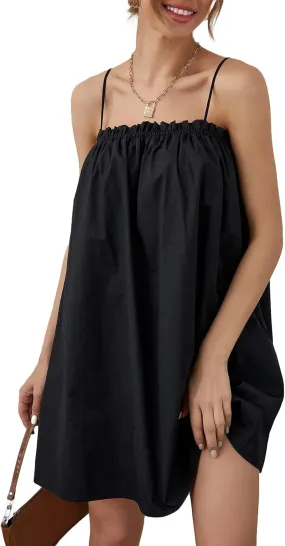 OYOANGLE Women's Spaghetti Straps Sleeveless Loose Ruffle A Line Cami Short Dress with Pocket