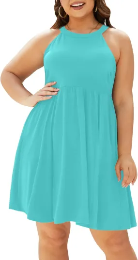Plus Size Summer Dress - Casual Sun Halter Neck Sleeveless Short Sundress with Pockets
