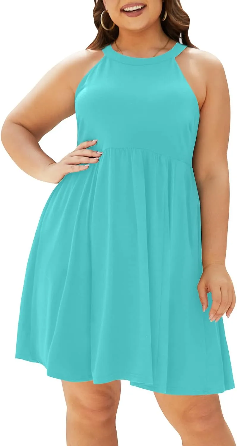 Plus Size Summer Dress - Casual Sun Halter Neck Sleeveless Short Sundress with Pockets