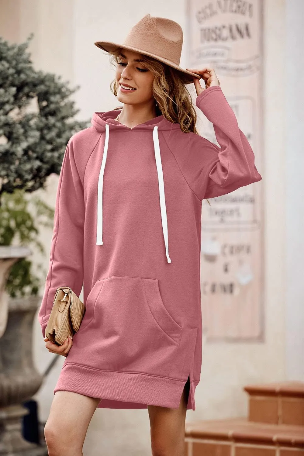 PRETTYGARDEN Women's Casual Pullover Sweatshirt Long Sleeve Split Hem Hoodie Dress with Kangaroo Pocket