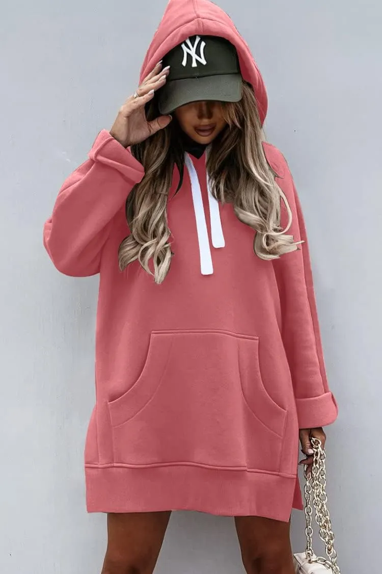 PRETTYGARDEN Women's Casual Pullover Sweatshirt Long Sleeve Split Hem Hoodie Dress with Kangaroo Pocket