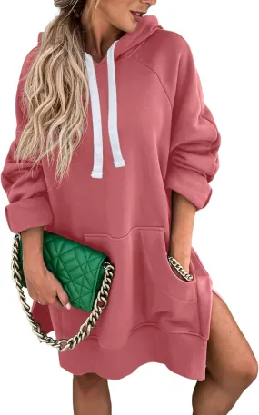 PRETTYGARDEN Women's Casual Pullover Sweatshirt Long Sleeve Split Hem Hoodie Dress with Kangaroo Pocket