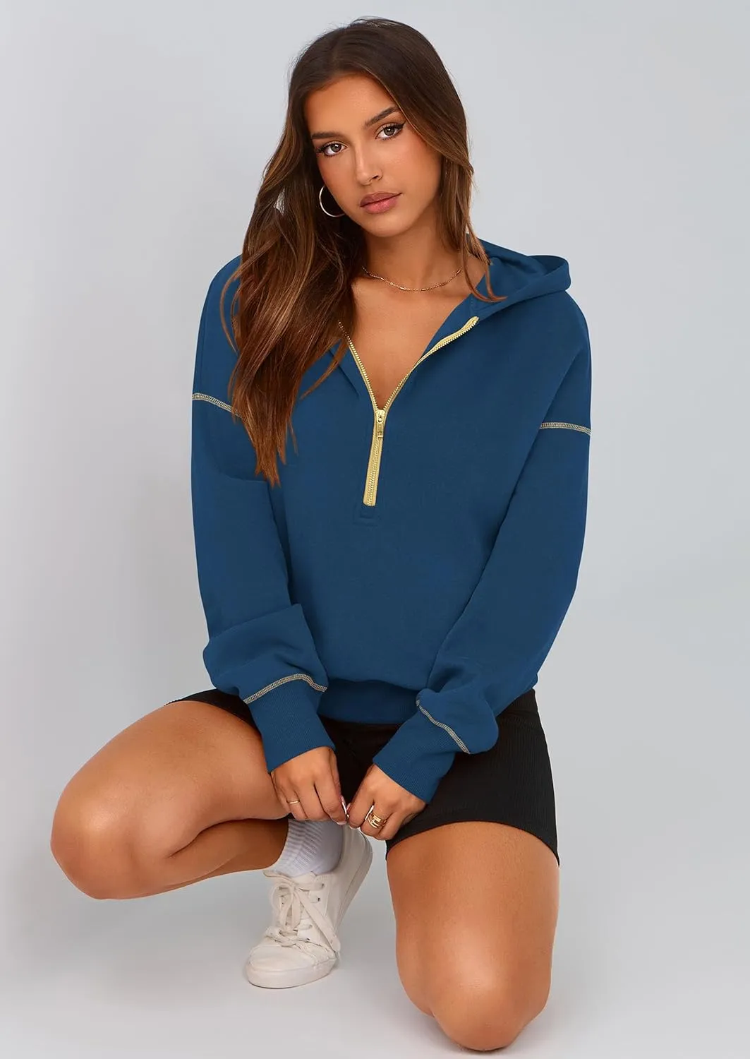 PRETTYGARDEN Women's Hooded Sweatshirts Long Sleeve Half Zip Cropped Hoodie Pullover Winter Fashion Clothes
