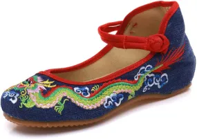 Qhome Womens Chinese Traditional Dragon Embroidery Flats Cheongsam Walking Mary Jane Shoes