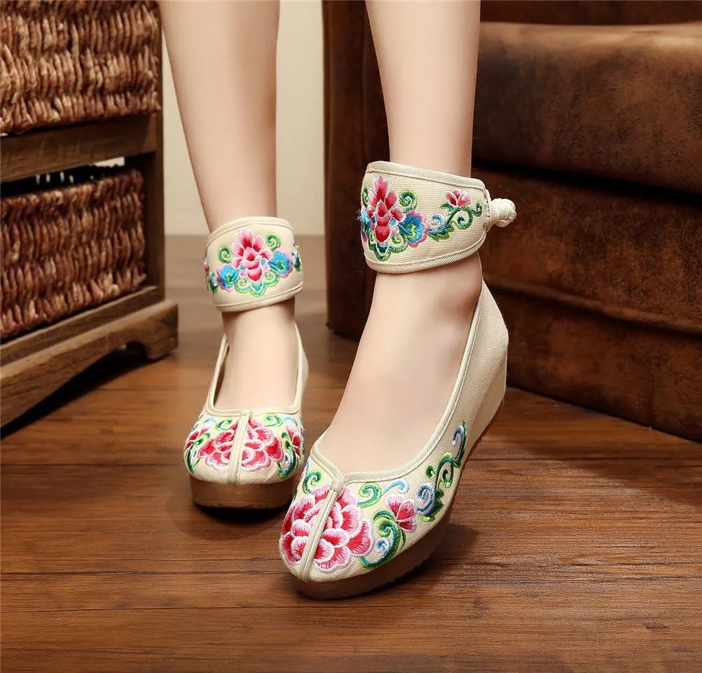 Qianmome Womens Floral Embroidery Ankle Band Platform Canvas Wedge Shoes