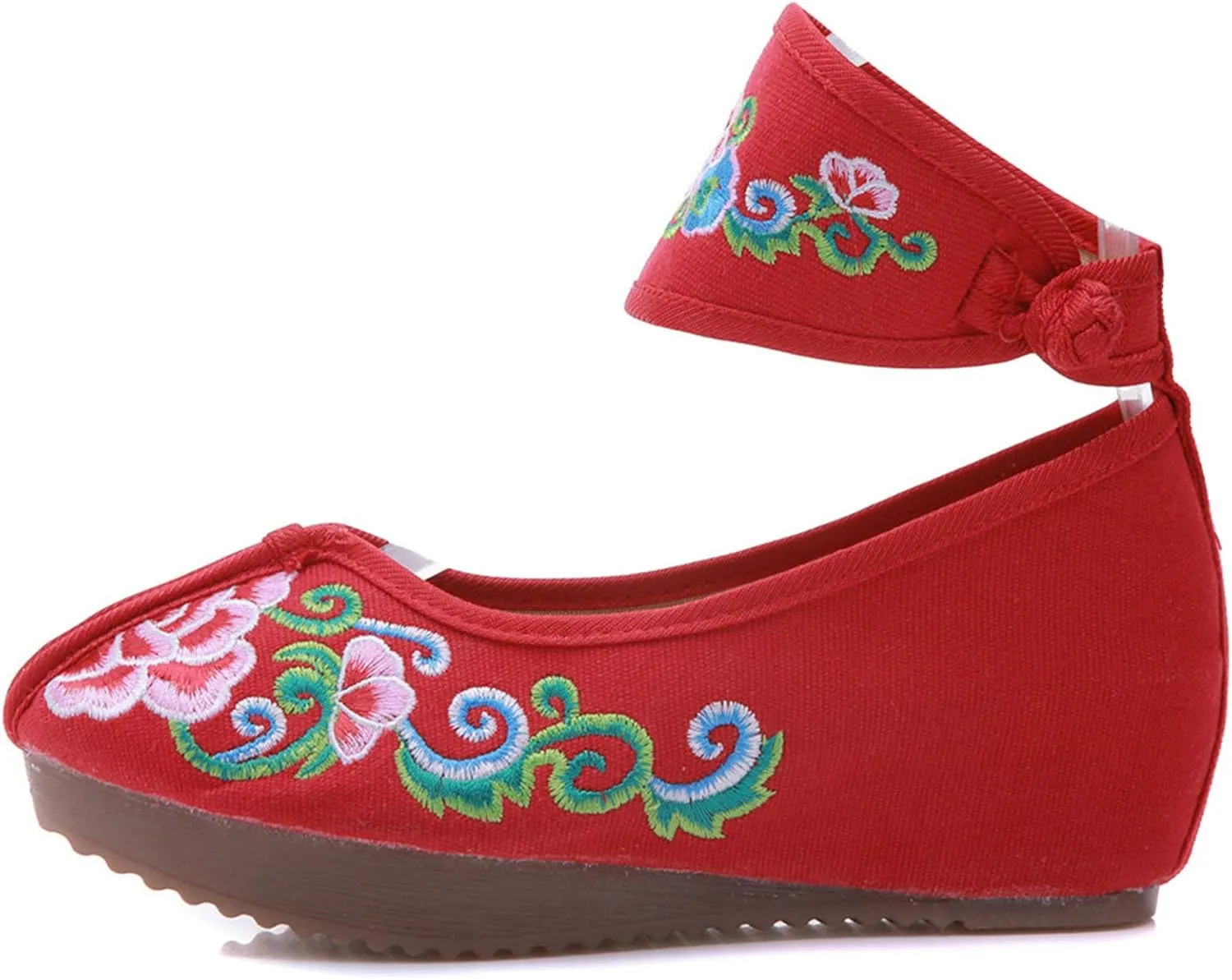 Qianmome Womens Floral Embroidery Ankle Band Platform Canvas Wedge Shoes