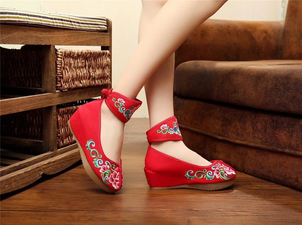 Qianmome Womens Floral Embroidery Ankle Band Platform Canvas Wedge Shoes