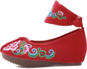 Qianmome Womens Floral Embroidery Ankle Band Platform Canvas Wedge Shoes
