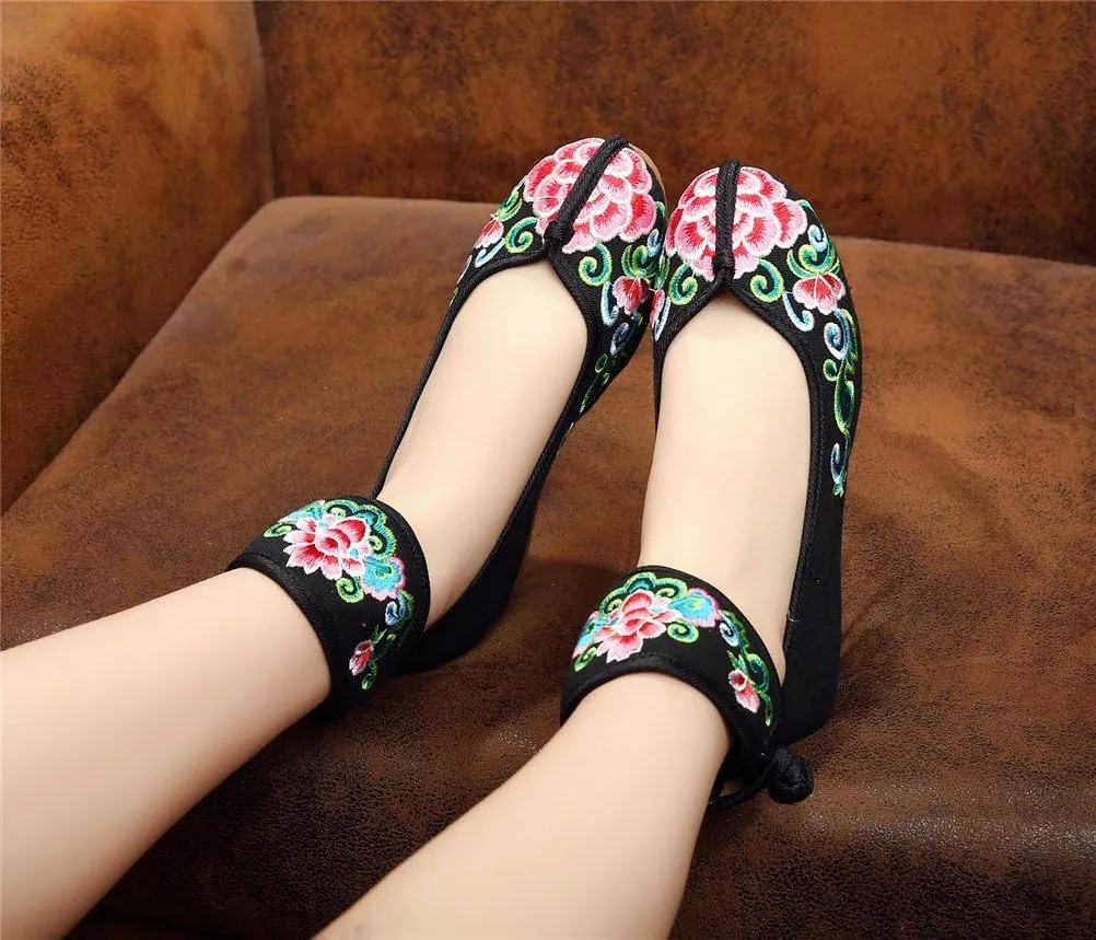 Qianmome Womens Floral Embroidery Ankle Band Platform Canvas Wedge Shoes