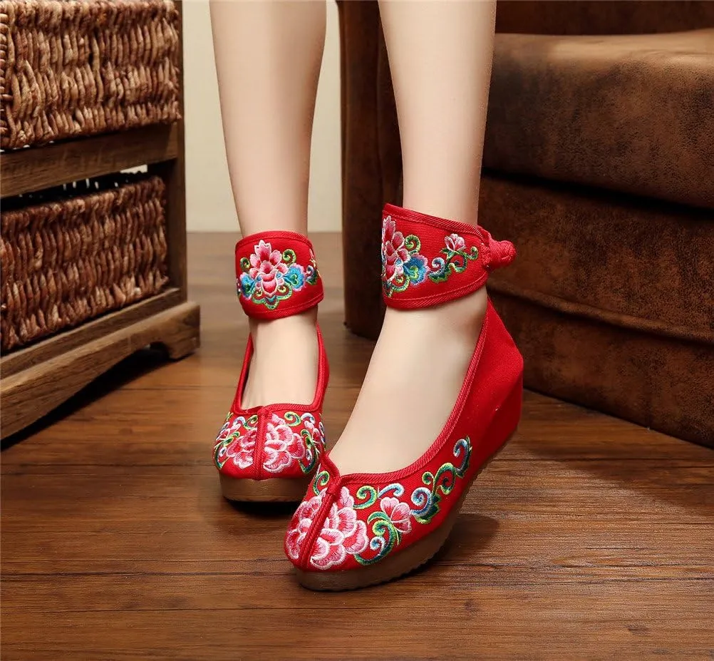 Qianmome Womens Floral Embroidery Ankle Band Platform Canvas Wedge Shoes