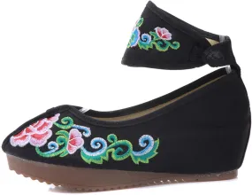 Qianmome Womens Floral Embroidery Ankle Band Platform Canvas Wedge Shoes