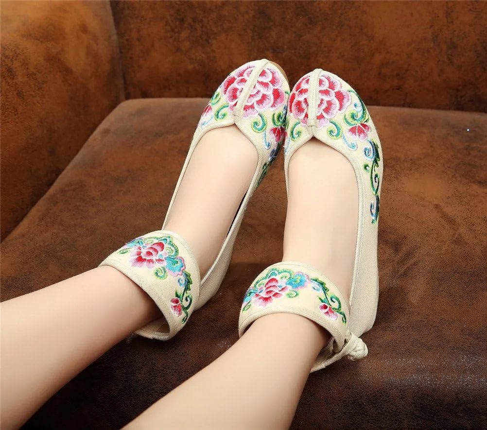Qianmome Womens Floral Embroidery Ankle Band Platform Canvas Wedge Shoes