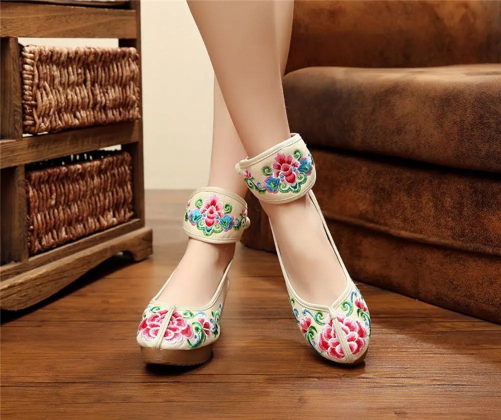 Qianmome Womens Floral Embroidery Ankle Band Platform Canvas Wedge Shoes