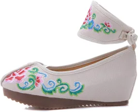 Qianmome Womens Floral Embroidery Ankle Band Platform Canvas Wedge Shoes