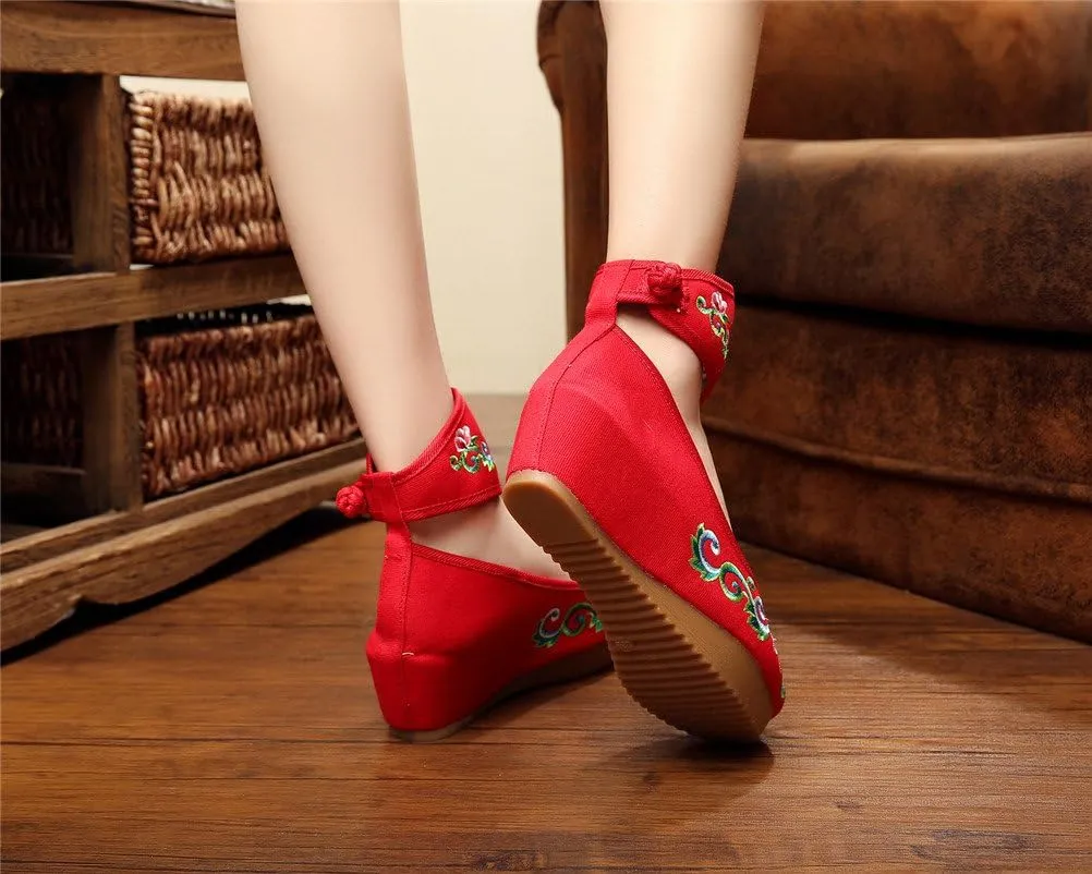 Qianmome Womens Floral Embroidery Ankle Band Platform Canvas Wedge Shoes