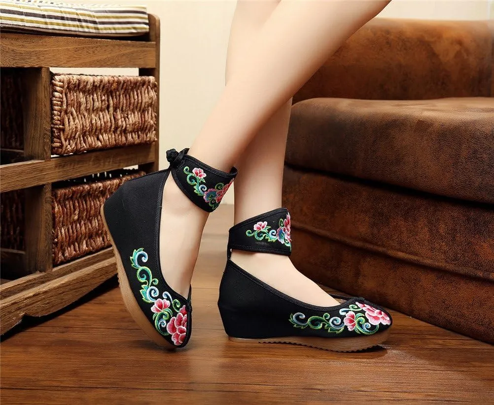 Qianmome Womens Floral Embroidery Ankle Band Platform Canvas Wedge Shoes