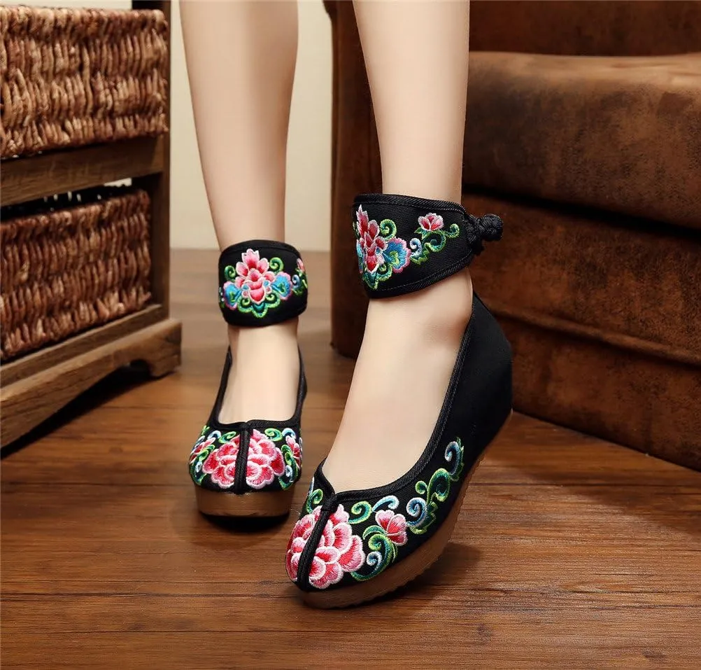 Qianmome Womens Floral Embroidery Ankle Band Platform Canvas Wedge Shoes