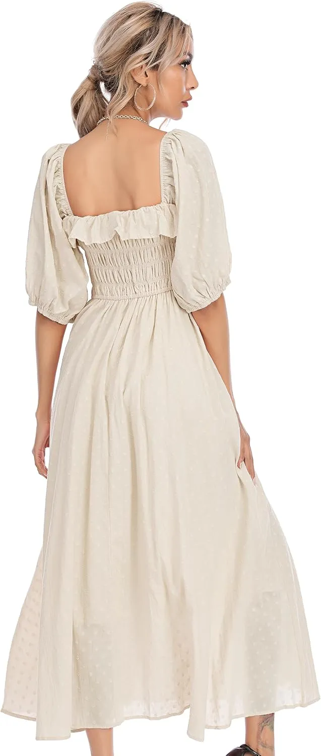 R.Vivimos Women Summer Half Sleeve Cotton Ruffled Vintage Elegant Backless A Line Flowy Long Dresses