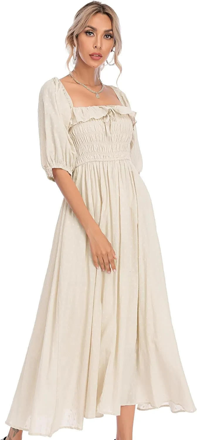 R.Vivimos Women Summer Half Sleeve Cotton Ruffled Vintage Elegant Backless A Line Flowy Long Dresses