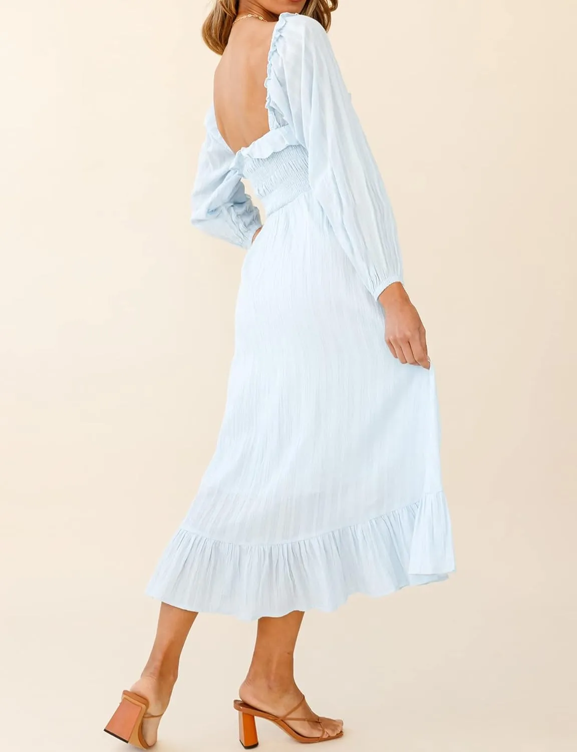 R.Vivimos Women's Linen Fall Long Sleeves Stripes Ruffled Boho Casual A-Line Flowy Midi Dresses